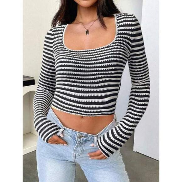 Women's Striped Knit Tops Casual Slim Fit Stylish Square Neck Long Sleeve Crop T - Picture 2 of 7